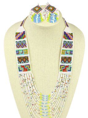 Mesa Bead 36" Necklace, Earrings Set WHITE & MULTI-COLOR